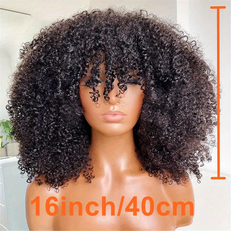 Brazilian Remy Human Hair Afro Kinky Curly Wig with Bangs - Glueless 200% Density Rose Net Cap, Elegant Short Curly Bangs Wig for Women of All Ethnicities, Hair Wig